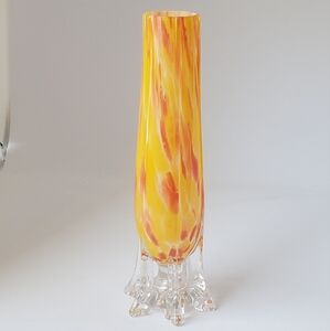 8" Blown Glass Orange Yellow Splatter Vase Clear Bottom Beautiful Vintage Vase